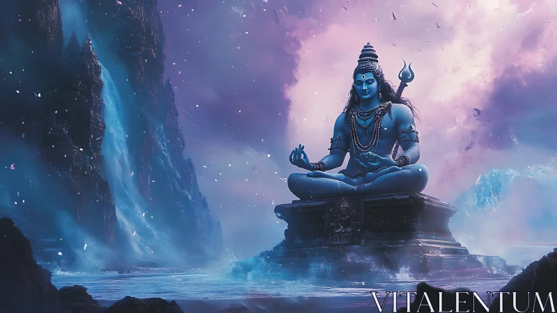 Seated blue deity statue occupies central position in mist