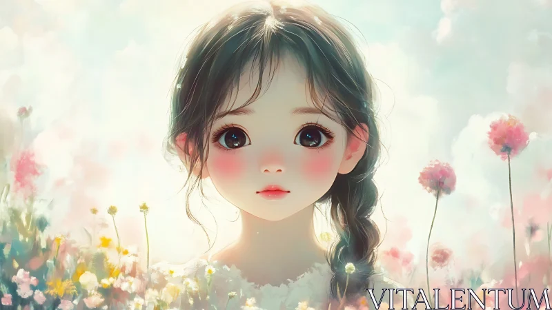Anime girl portrait amid dreamy pastel flower field.