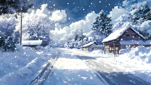 Snowy village road basks in crisp winter morning light.