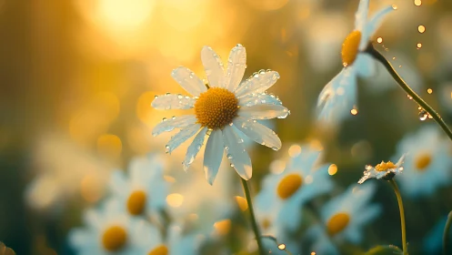 Daisy Flowers with Dew Drops in Morning Light.