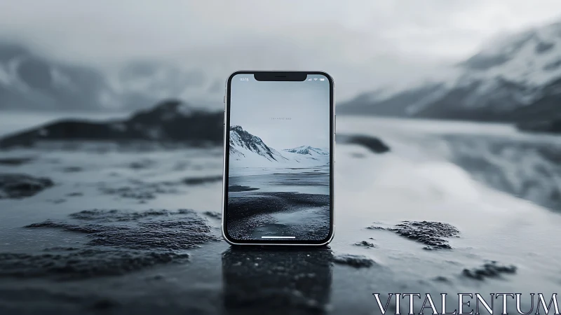 Photorealistic smartphone on glacial shoreline with mirror framing.