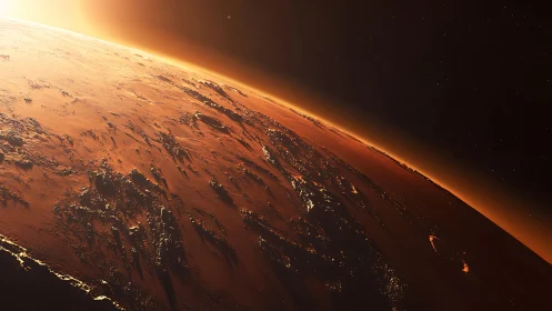 Martian horizon glows under low sun and deep shadowed ridges.