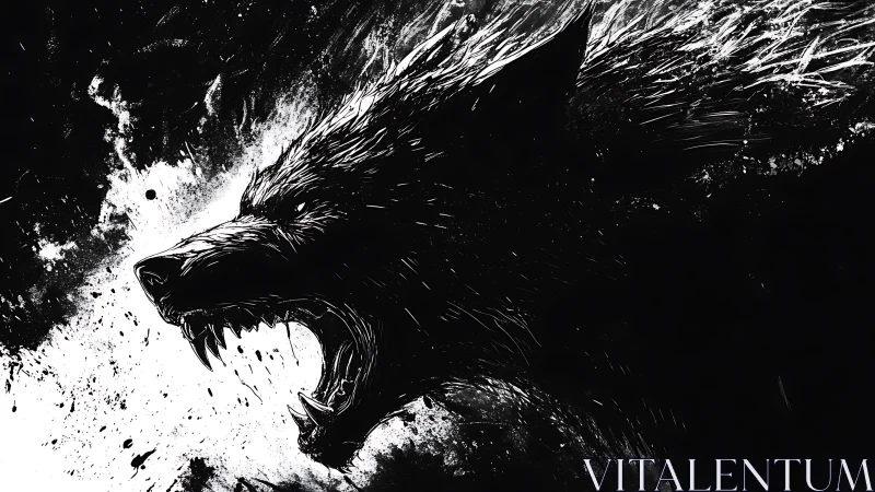 Monochrome ink werewolf profile in dynamic splatter composition.