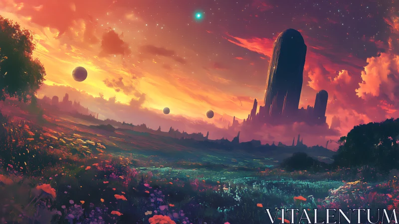 Alien meadow under vivid sunset sky and floating moons.