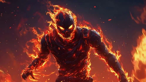 Flaming skeletal warrior strides through molten inferno.