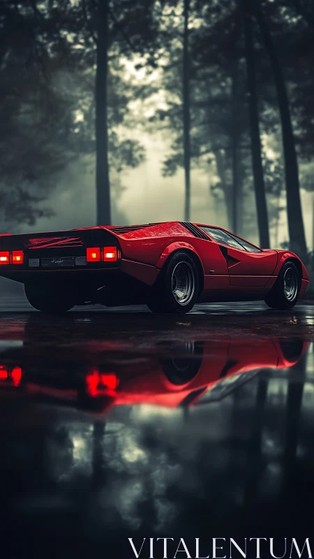Red sports car on wet forest road with reflective puddle.