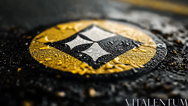 Macro closeup of wet yellow road emblem with water droplets