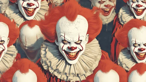 Multiple sinister killer clowns with red hair and ruffled collars