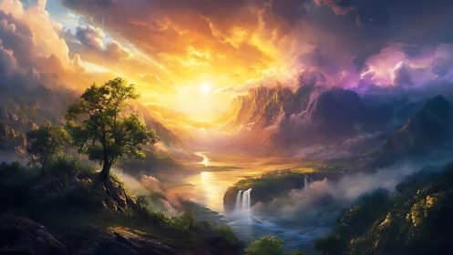 Radiant fantasy valley with cascading waterfalls at sunrise