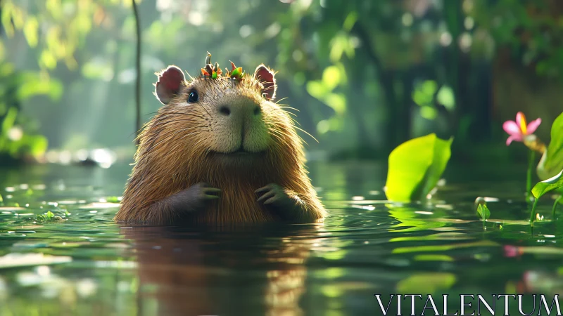Capybara in reflective forest pool with floral crown adornment.
