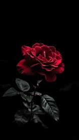 Crimson rose against darkness with dramatic backlighting.