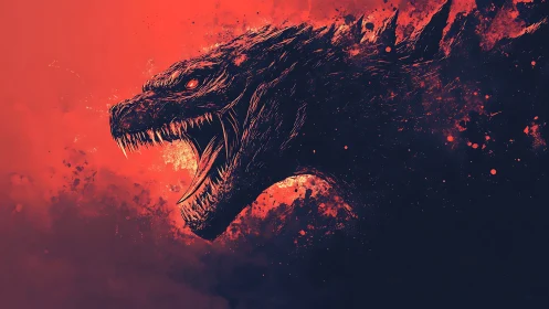 Roaring dragon silhouette erupts in bold red and shadowed flame