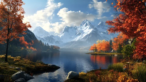 Snow-covered mountain range above calm autumn lake scene.