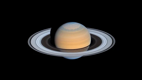 Saturn rings glow in high-contrast deep space portrait.