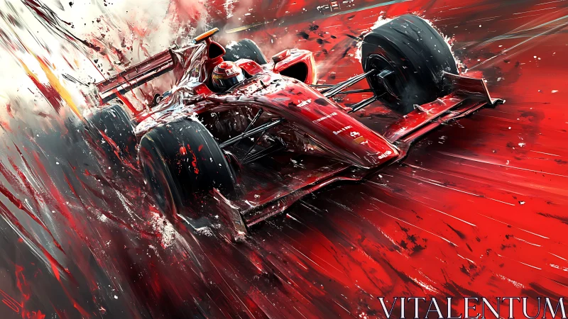 Red Formula race car explodes through abstract speed trails.