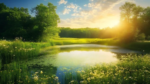 Sunlit meadow pond with reflective water and soft haze.