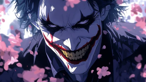 Sinister grinning clown in intense close-up portrait.