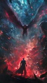 Figure stands before winged entity amid luminous chaos