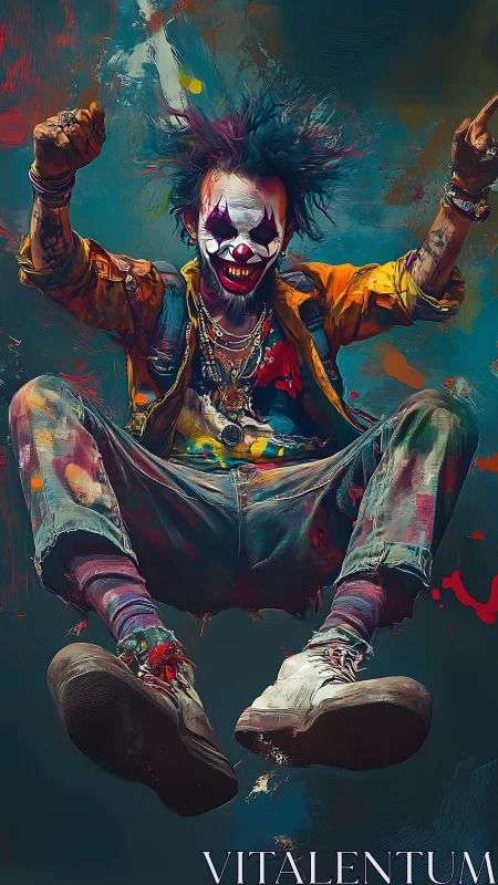 Punk clown explodes through color-splashed urban void.
