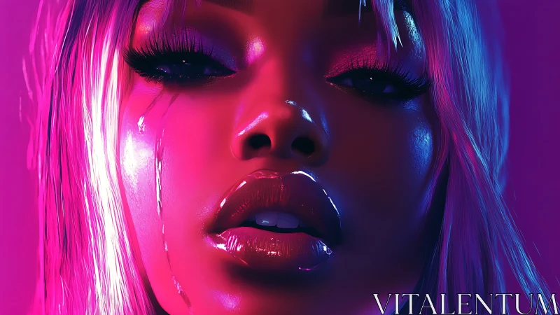 Chromatic close-up of neon-lit synthetic femme portraiture.