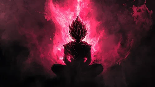 Fiery warrior meditates in a storm of glowing crimson energy