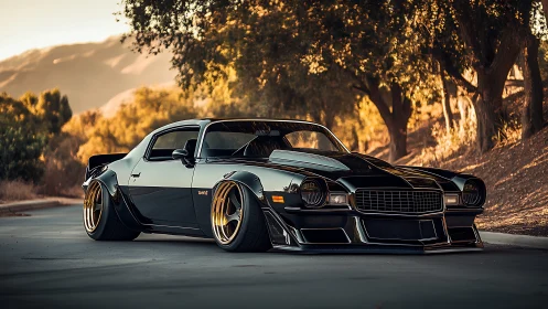 Pro-touring classic muscle car with widebody kit at sunset
