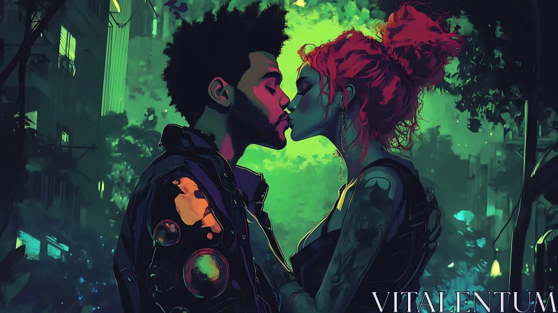 Neon Urban Kiss: Cyberpunk Romance in Glowing City.