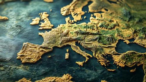 Rendered relief map of Europe glows with dramatic lighting