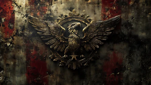 Metallic eagle emblem on distressed textured backdrop.