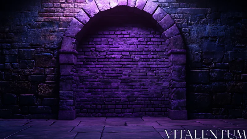 Violet-lit bricked archway forms sealed portal in dungeon wall
