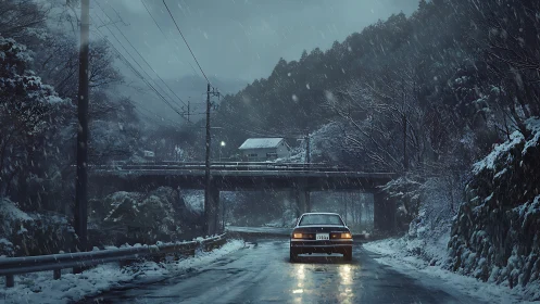 Car on wet winter road beneath bridge in snowy mountains.