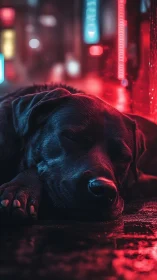 Black dog sleeping on wet city street under neon light.