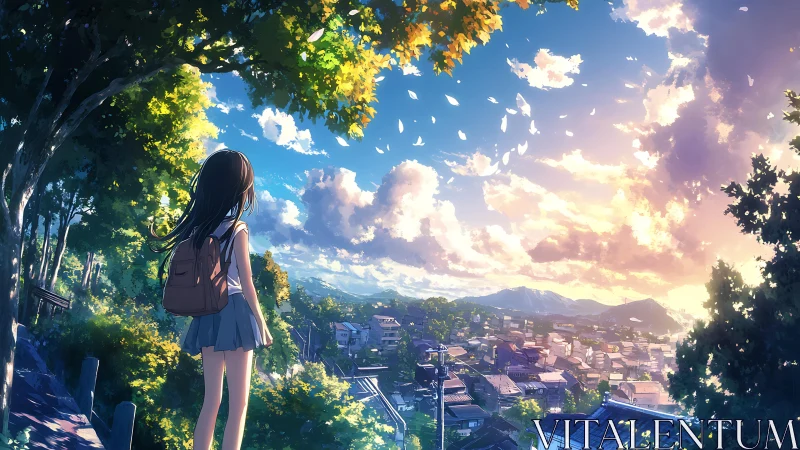 Anime hillside overlook with luminous sky gradient composition.