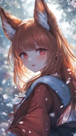 Radiant fox-eared girl in backlit winter bokeh environment.