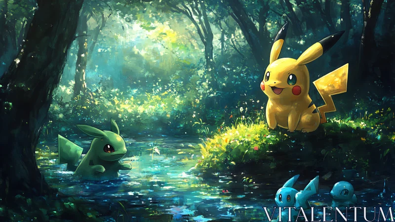 Woodland Pikachu meeting by a sparkling storybook pond.