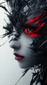 Cybernetic femme visage with fractured black shards.