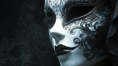 Monochrome masquerade portrait with baroque filigree surface.