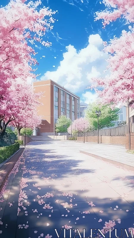 Cherry blossom-lined school promenade under clear spring sky