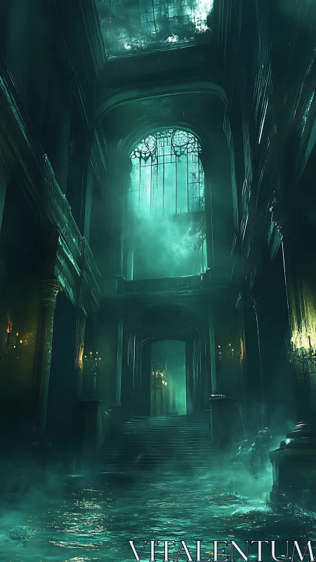Flooded vaulted hall with mist, stairs, and tall windows.