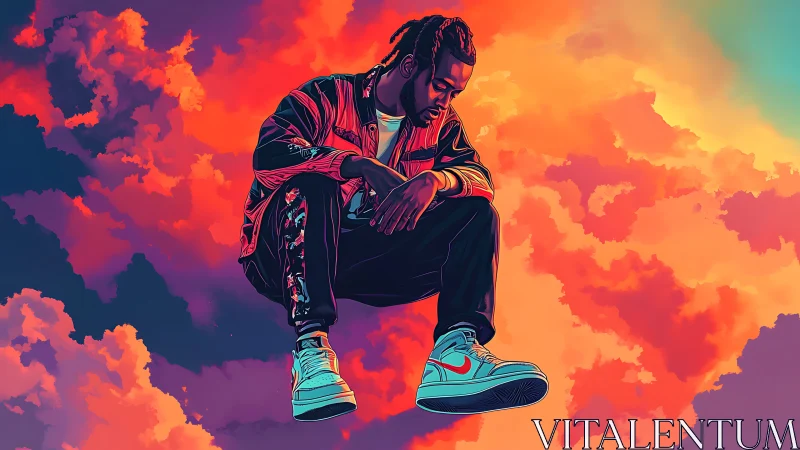 Solitary male figure suspended over vivid cloudscape scene.