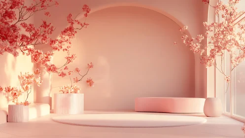 Minimal blush interior with arch, blossoms and soft daylight.