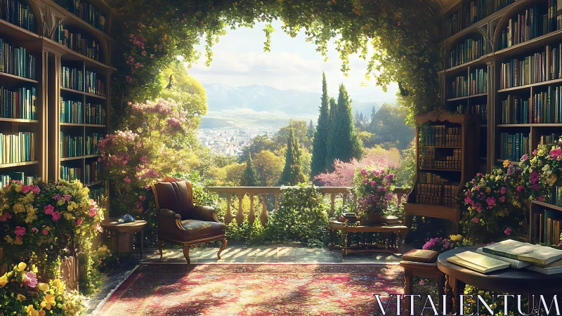 Sunlit garden library terrace overlooking distant valley.