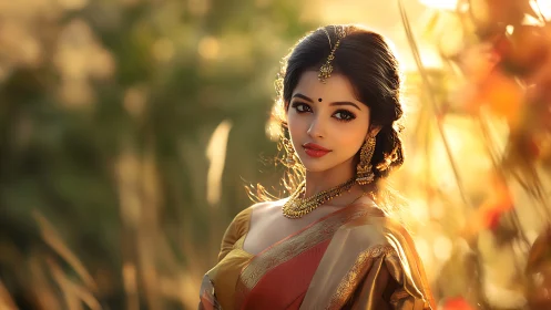 Golden hour portrait of woman in silk saree and jewelry.