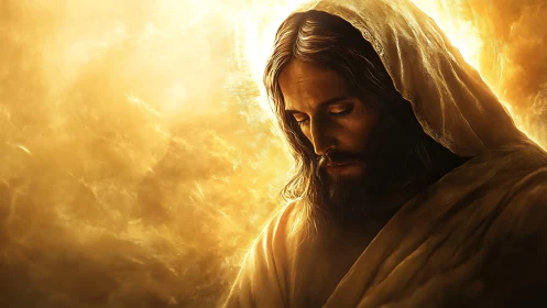 Hooded holy figure bathed in radiant golden atmospheric light