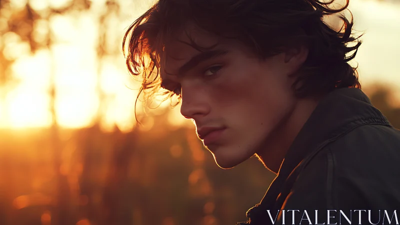 Brooding youth framed by golden hour backlight glow.