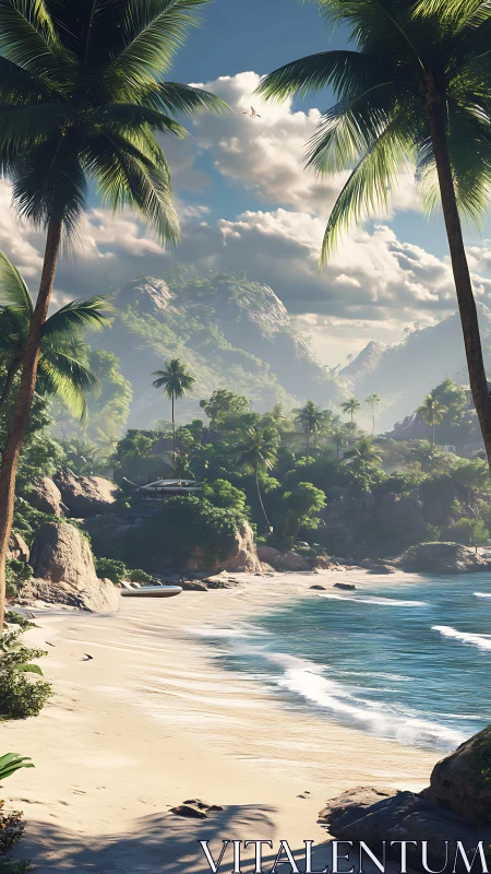 Tropical coastal landscape with palm fronds, sandy beach, and mountainous terrain.