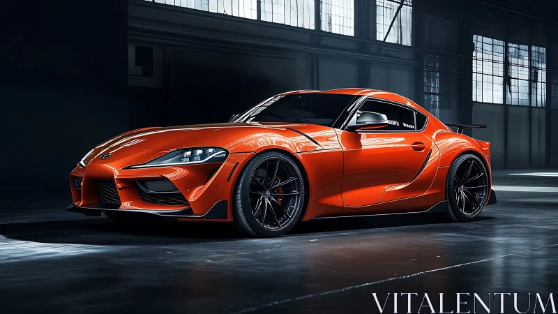 Electric-orange sports coupe under moody industrial light.