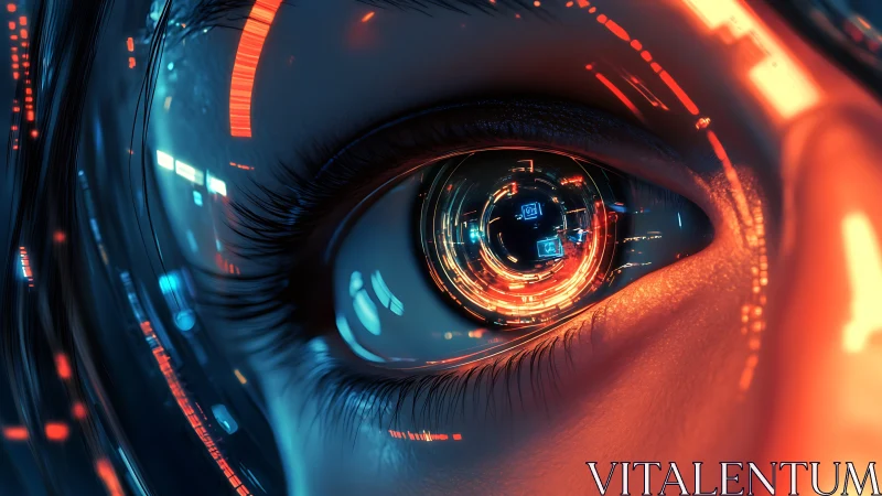 Close-up cybernetic human eye with luminous circuitry focus.