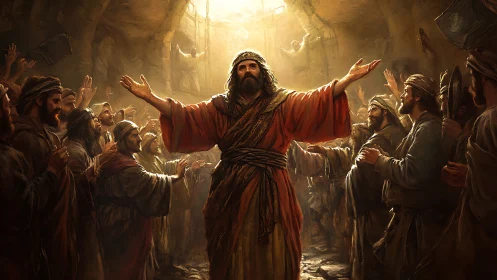 Prophet in flowing robes addresses a crowd in golden light.