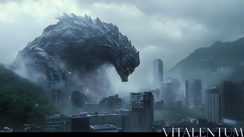 Gigantic reptilian creature above misty modern cityscape.